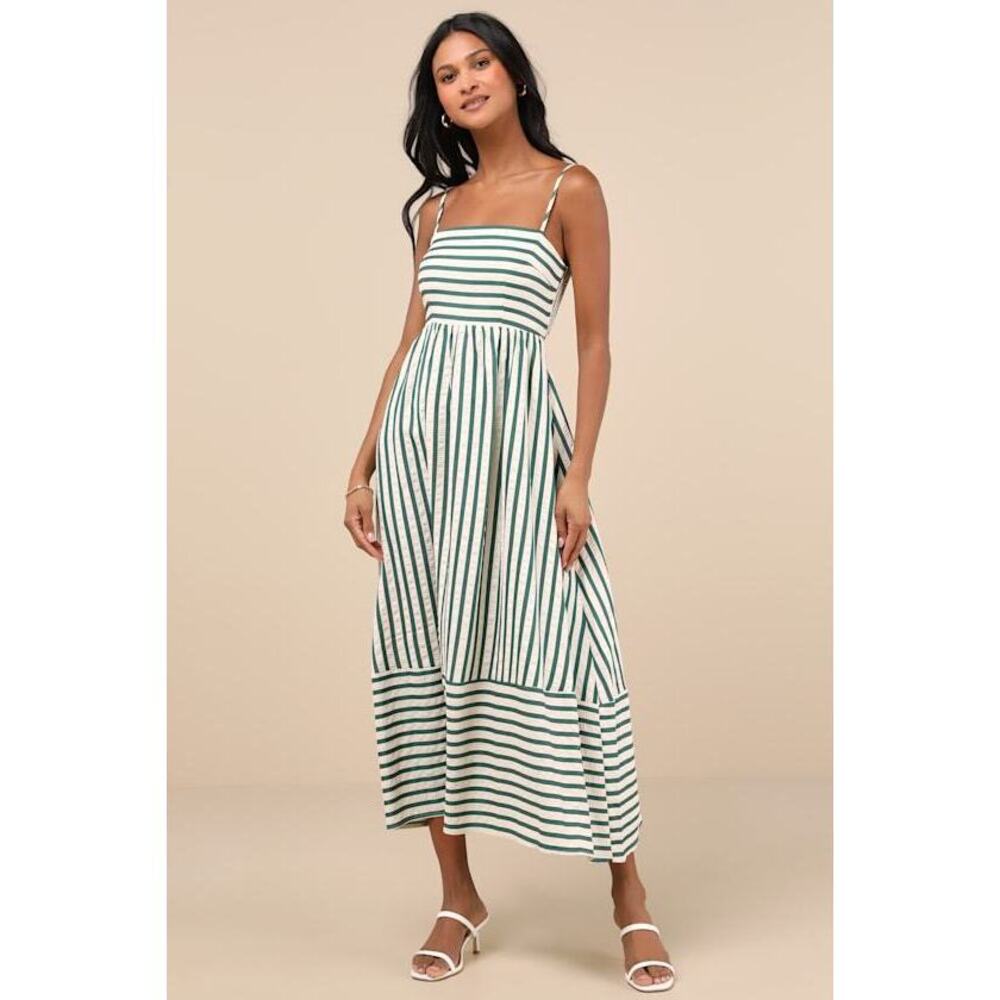 Lulus Exceptionally Pristine Green And Cream Striped Cutout Midi Dress - Size S